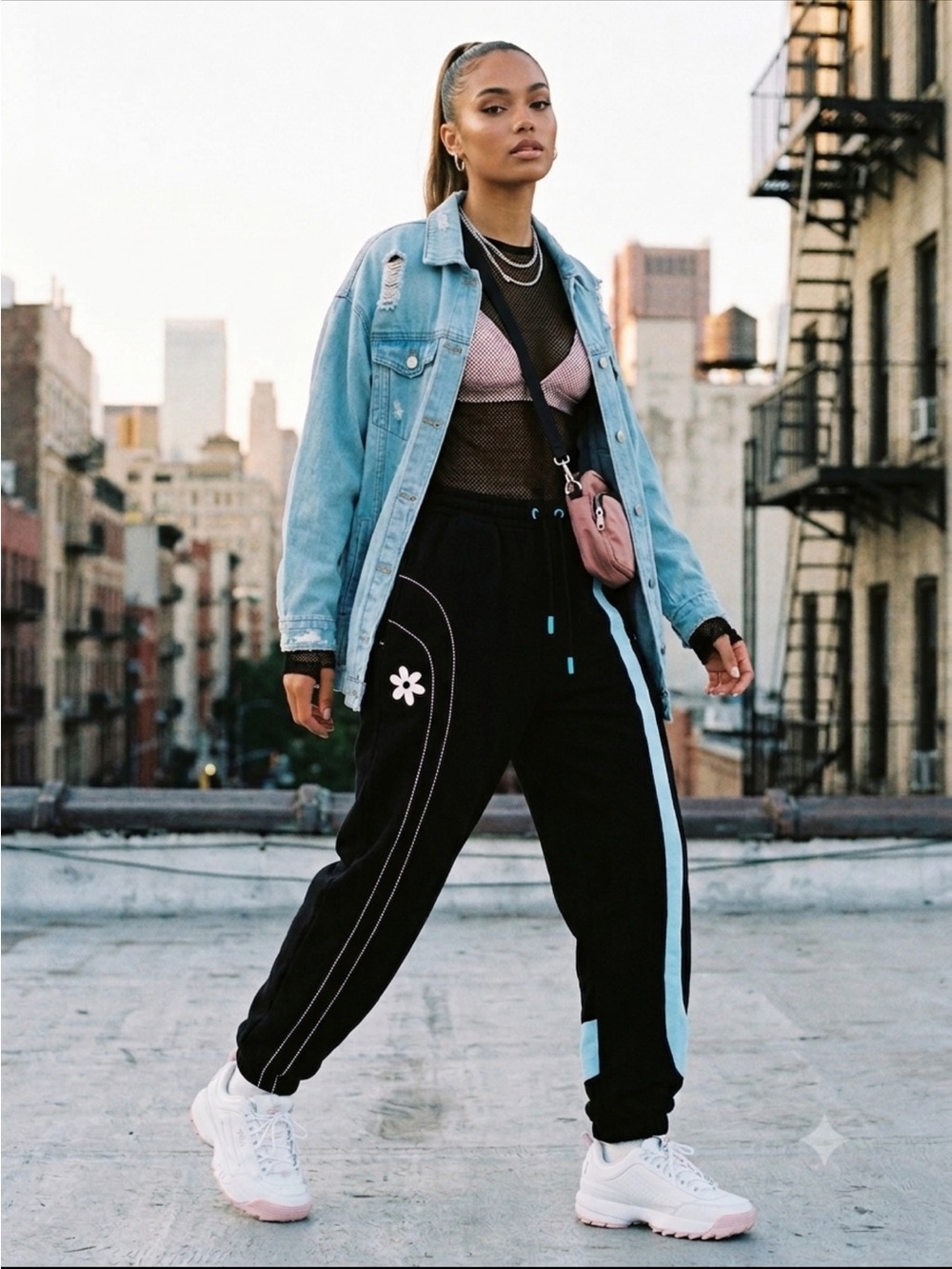 Black Jogger Track Pants with Light Blue Side Stripe